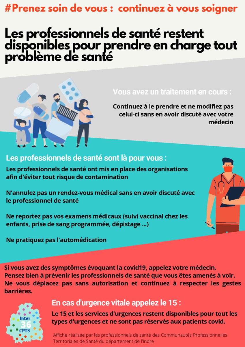 Doc36fr's tweet photo. #SoignezVous ! Les professionnels de santé de l'InterCPTS36 se mobilisent pour la continuité des soins dans l'Indre. N'attendez pas que votre état de santé se dégrade, consultez ! #santé #prévention #IndreBerry https://t.co/S4Q4MRhuKn