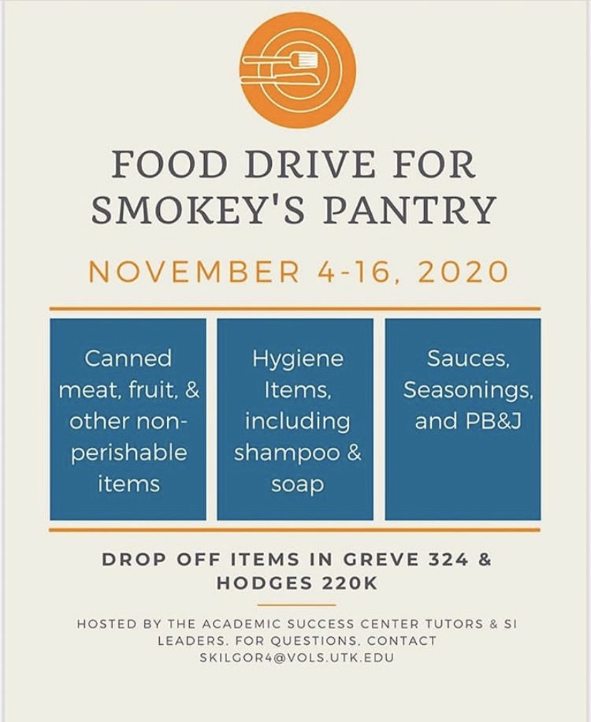 UTKGlobal's tweet photo. The #FoodDrive for @SmokeysPantry is happening NOW until Monday, Nov. 16!  Collection bins are in Hodges 220k and Greve 324 for convenience! Help spread the word and donate if you can! #VolsHelpVols #GBO @utk_asc https://t.co/eFgoT10crJ