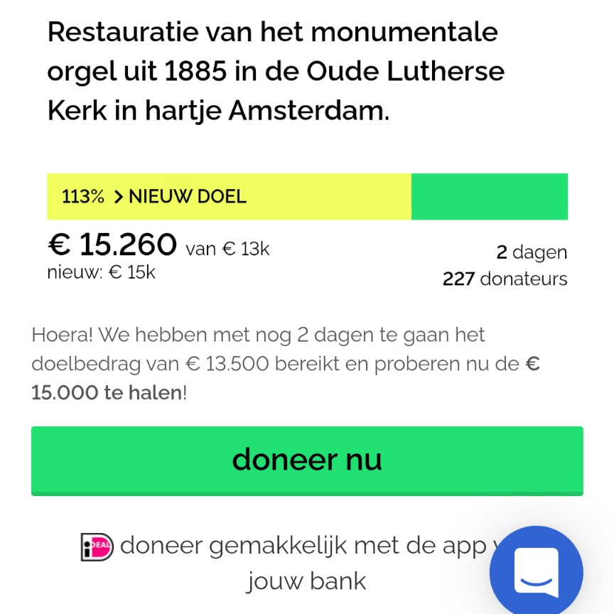 Het streefbedrag van de crowdfundingsactie voor het orgel in de Oude Lutherse Kerk is inmiddels behaald, en we hebben het zelfs kunnen verhogen! Heel veel dank aan iedereen die gedoneerd en geholpen heeft. Maar de actie loopt nog twee dagen! Help je mee met de laatste loodjes?