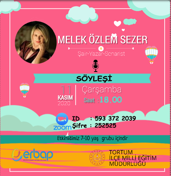 📣 Dijital Ortamda Öğrenci Yazar Buluşması
   
👤Melek Özlem SEZER  <a href="/ayterzisi/">melek özlem sezer</a>
 
📆 11 Kasım 2020 
 ⏰18.00

Zoom ID : 5933722039
Şifre        :252525

<a href="/skaygusuz/">Salih Kaygusuz</a>
<a href="/Erzurum_Mem/">Erzurum İl Millî Eğitim Müdürlüğü</a> 
<a href="/OrhanOzen_25/">Orhan ÖZEN</a>