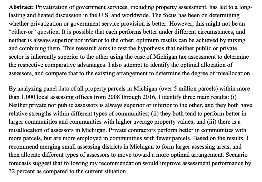 Yunni DengJMP: "An Analysis of Public vs. Private Contracting Performance in Michigan Property Tax Assessment"Website:  https://sites.google.com/view/dengyunni/home