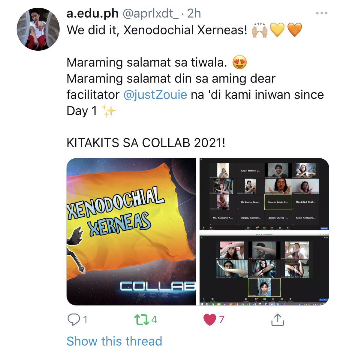 justZouie's tweet photo. Nakakataba ng puso!
I am truly grateful to be part of your first virtual Collab experience 💚
Kayo talaga yan, ako ay nag'facilitate at nag'guide lamang sa inyo.
See you on our get together soon!

#XenodochialXerneas
#COLLAB2020 
#ZitoRedSpartans https://t.co/K2Zr2LkPYF