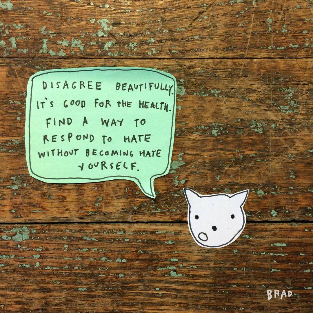 Disagree beautifully
it's good for the health
Find a way to respond to hate
without becoming hate yourself.