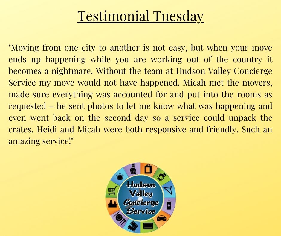 HVConcierge's tweet image. Testimonial Tuesday!!!

We absolutely love testimonials and feedback from our clients! We love our community and are beyond happy to provide these services! 

#hudsonvalleyconciergeservice #hvcs #TestimonialTuesday #getyourtimeback #moving #transportation #PersonalServices