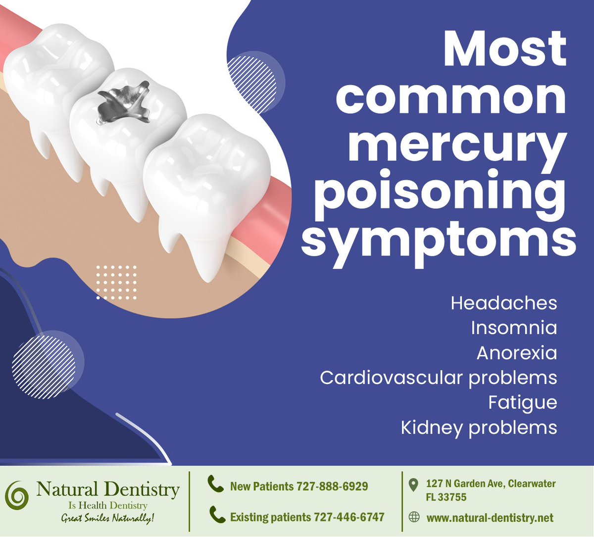 BeataCarlson's tweet image. Here are some of the most common #mercury poisoning symptoms according to the IAOMT. Call us at 727-888-6929 (New Patients) / 727-446-6747 (Existing Patients) to replace your mercury fillings.  #IAOMT #mercuryamalgam #dentalfilling #clearwater #FL #naturaldentistry