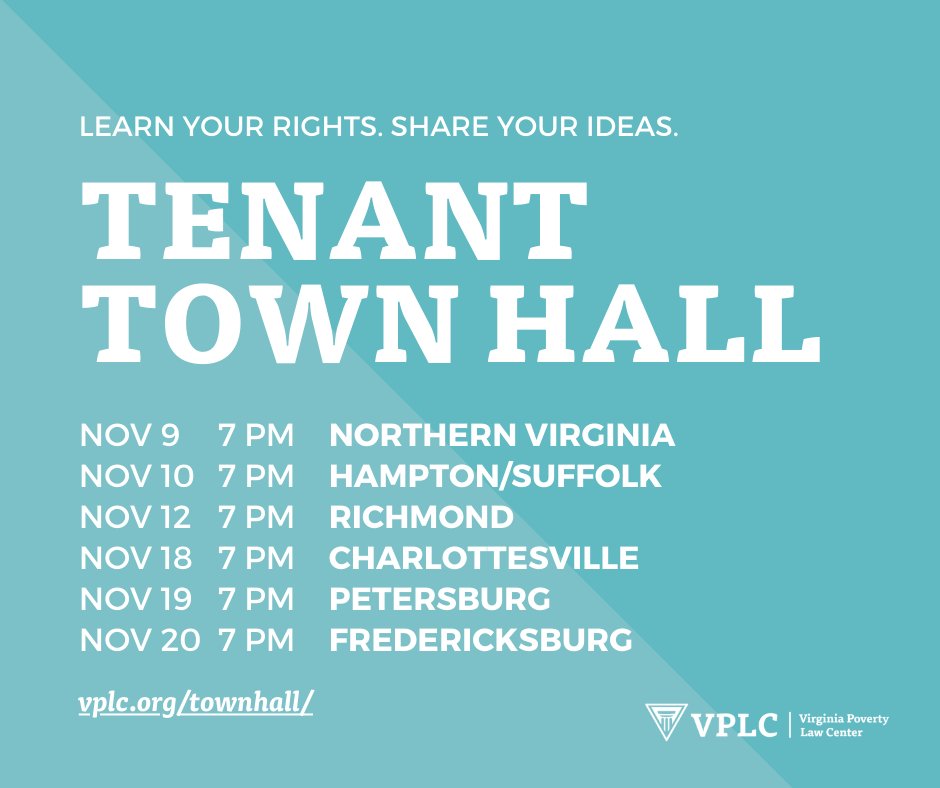 VPLC's tweet photo. Join VPLC and legal aids throughout Virginia for a virtual tenant town hall! We’ll focus on issues in your region and go over new laws on avoiding eviction. This will be a great opportunity to share your concerns and ideas for changes that should be made. https://t.co/AvrkUmLcZb https://t.co/s4EMIskZjJ