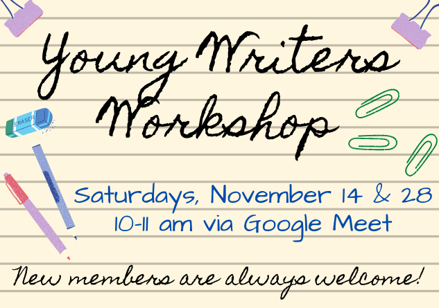 greenvillelibri's tweet photo. Writers in grades 6-12 are invited to join the Young Writers Workshop in Google Meet on alternating Saturday mornings at 10:00 am.  Explore different kinds of writing in a supportive environment.  Please register to receive a link to our Google Meet. https://t.co/QBx74k32xI
