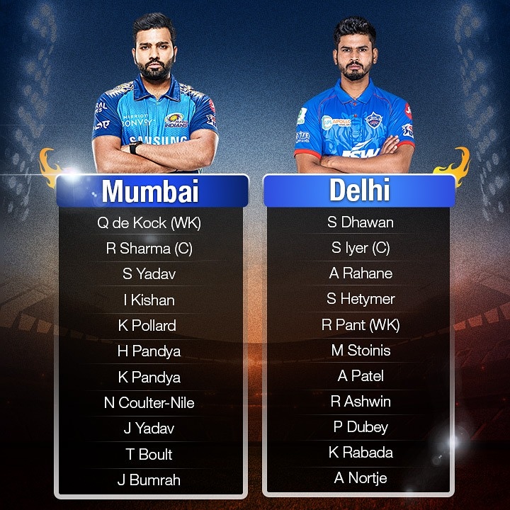 CricAirOfficial's tweet photo. THE ULTIMATE SHOWDOWN! 
One tactical change for Mumbai; no change for Delhi
Mumbai:
IN - J Yadav
OUT - R Chahar

Delhi remains unchanged.

#CricAir #CricAirOfficial #Dream11IPL #IPL #IPL2020 #AllThingsCricket #MIvDC #DC #Finals #MI #YehHaiNayiDilli #OneFamily #MumbaiIndians https://t.co/p9W3pDSgYk