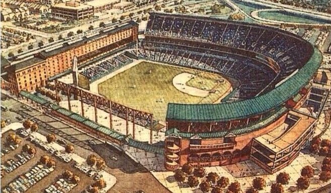 MLBcathedrals's tweet photo. First Oriole Park at Camden Yards concept (1986) that included not knocking down (all of) the B&amp;O Warehouse.

If it looks similar to Guaranteed Rate Field (#WhiteSox) that’s because they were designed by same firm (HOK now  Populous) and opened a year apart. #Orioles https://t.co/MeF4VOZjtA