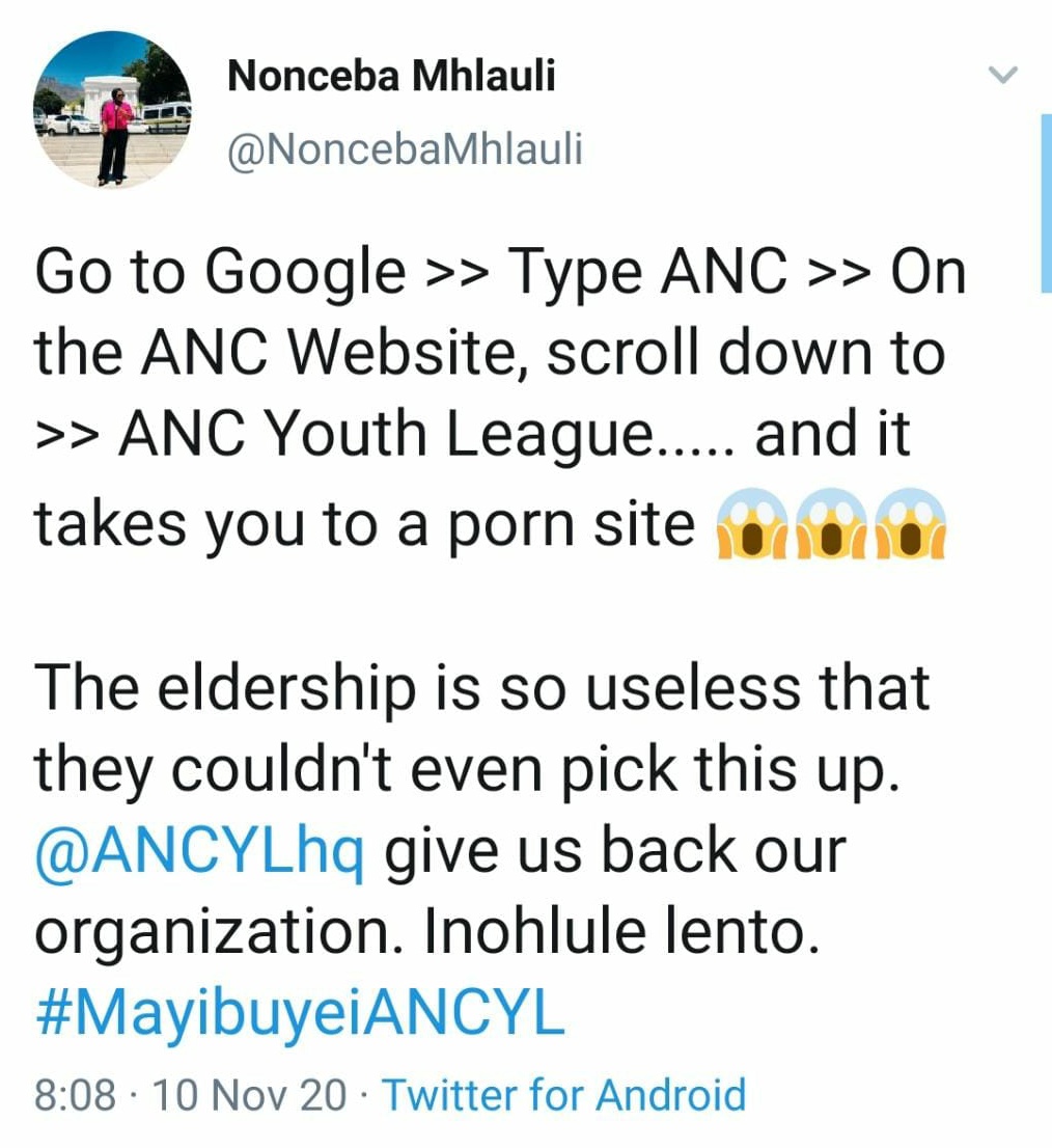 This happened on the ANC's website: 10 November 2020. It looks like a deliberate sabotage from certain individuals aligned with Ramaphosa to undermine the ANC especially the NYTT (Temporal YL structure)*The ANCYL tab was quickly removed after they were made aware