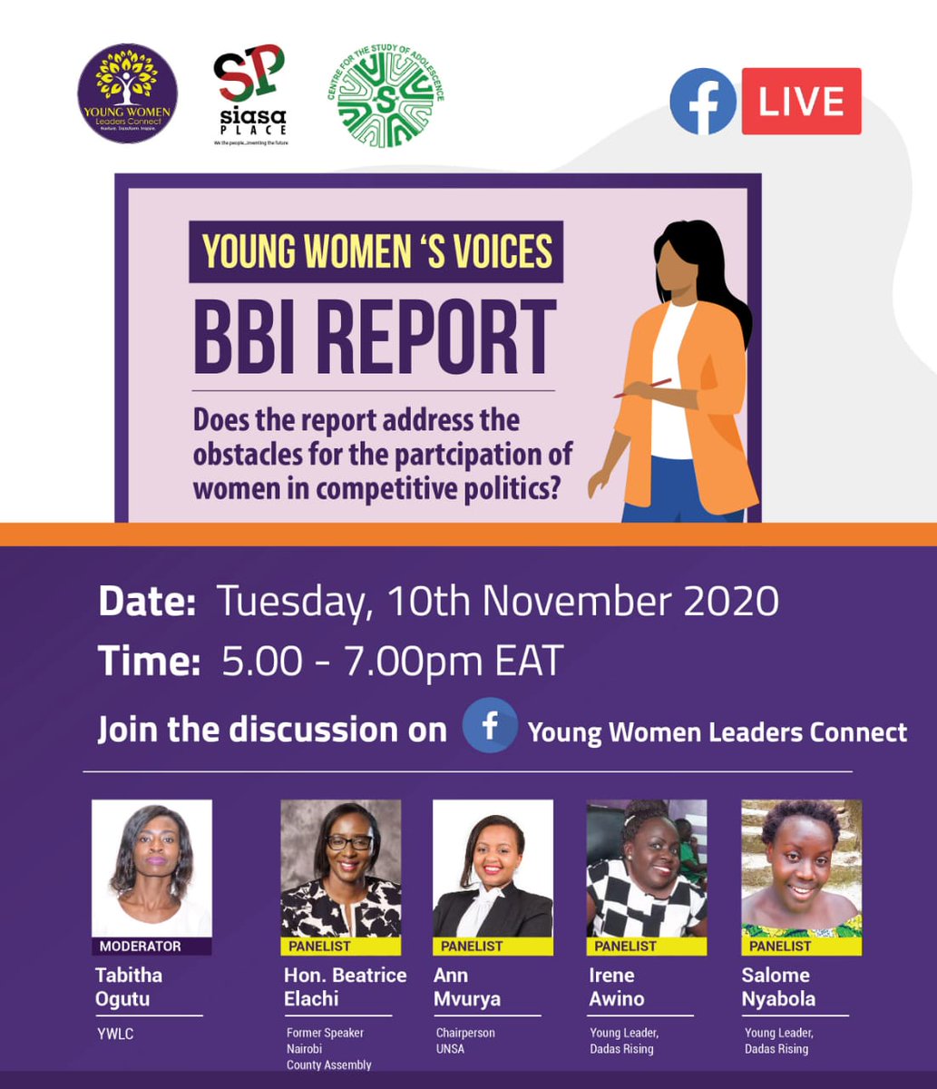 YWLC_Kenya's tweet photo. Today at 5pm, join in the discussion which shall be live on our Facebook page. What do young women say about BBI?
@siasaplace @CSA_Kenya @CREAWKenya @stellah_kaviti @WendyObel @AkothDorise @fawekenya @Badili_A 
#YoungWomenOnBBI https://t.co/3HaIxMjOvp