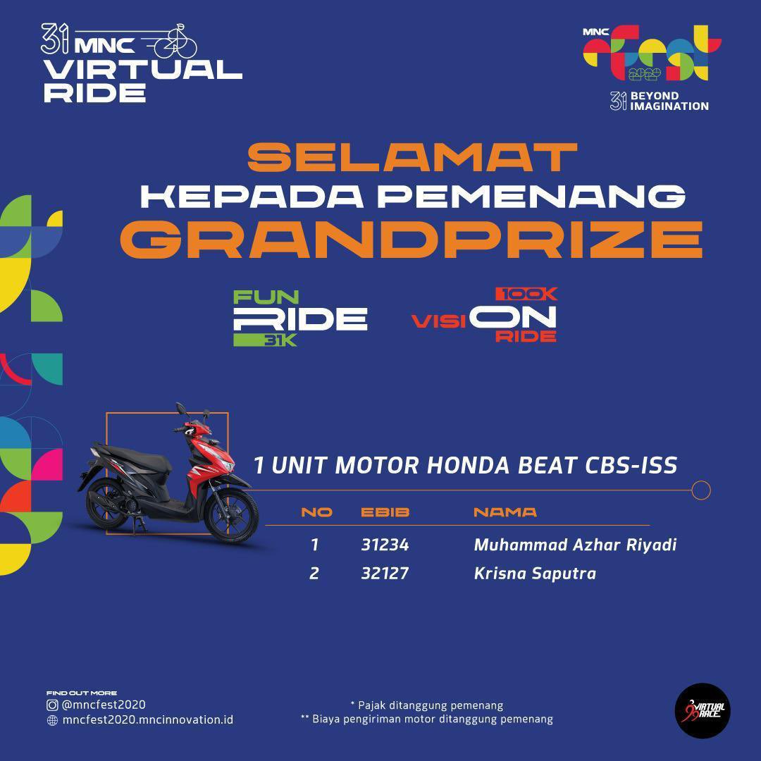 MNCMediaEvents's tweet photo. Selamat kepada para pemenang Doorprize MNC 31 Virtual Ride!!!🥳
Buat riders yang belom beruntung, jangan bersedih ya. Kita masih ada berbagai acara lainnya yang gak kalah seru! So, stay tuned terus di @RCTIevents. https://t.co/ykvJtEoNPx