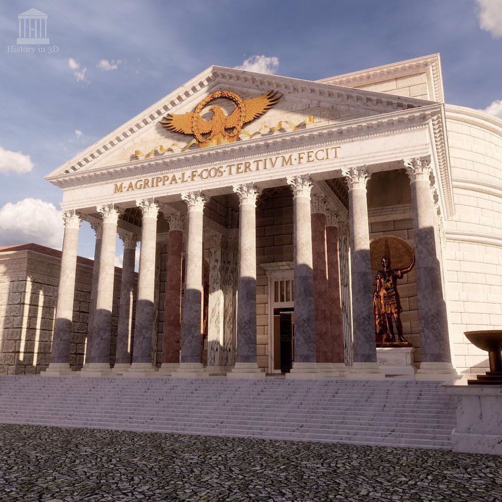 3. Nos llama la atención la pronaos, el pórtico de 8 columnas, que precede a la estructura circular, rematadas con capiteles corintios que sustentan el frontispicio donde se aprecia la inscripción dedicada a Agripa.Nos adentramos en la cella, la estructura circular