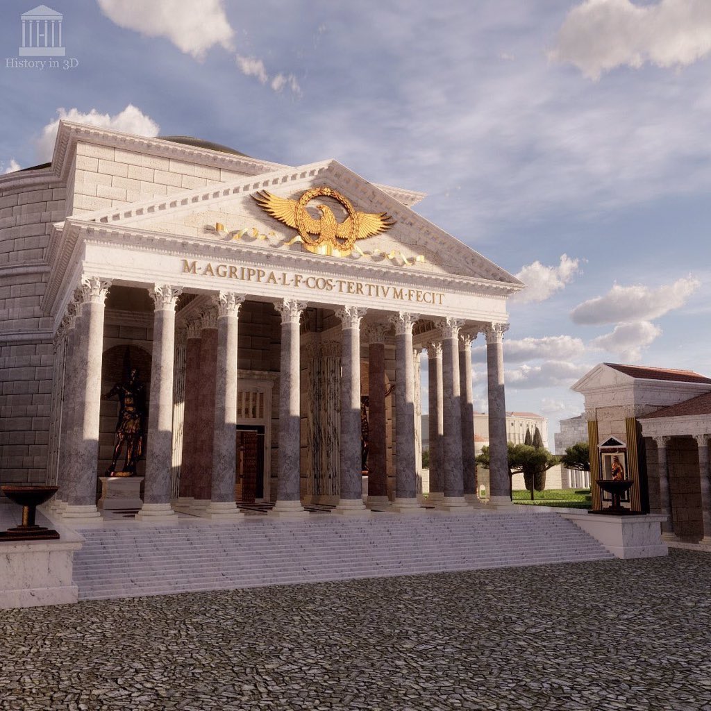 3. Nos llama la atención la pronaos, el pórtico de 8 columnas, que precede a la estructura circular, rematadas con capiteles corintios que sustentan el frontispicio donde se aprecia la inscripción dedicada a Agripa.Nos adentramos en la cella, la estructura circular