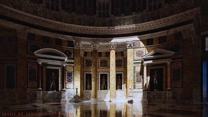 4. donde se abren 7 tabernáculos que posiblemente servían para albergar las siete principales divinidades romanas. Pero lo que realmente nos deja sin aliento es la espectacular cúpula, con su enorme óculo de 9m. de diámetro proyectando la luz al interior.