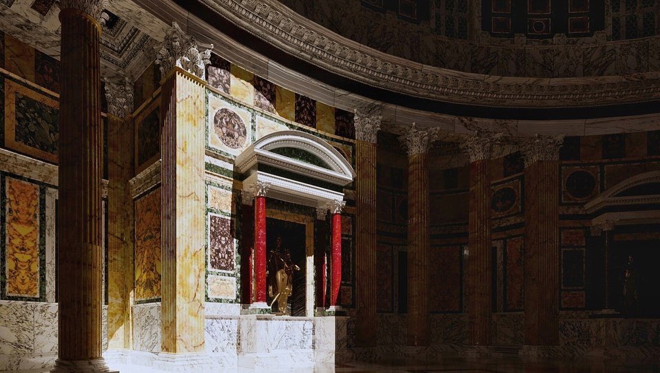 4. donde se abren 7 tabernáculos que posiblemente servían para albergar las siete principales divinidades romanas. Pero lo que realmente nos deja sin aliento es la espectacular cúpula, con su enorme óculo de 9m. de diámetro proyectando la luz al interior.