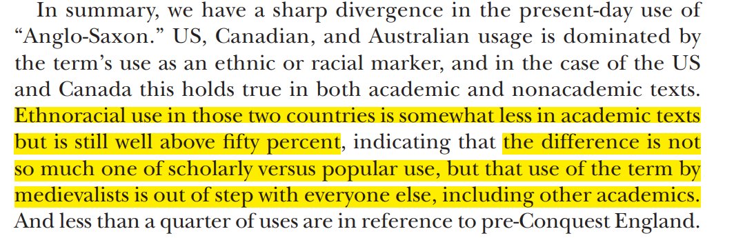 This conclusion does not vary strongly between academic & non-academic use. Among Canadian and American academics, the ethno-racial use predominates, suggesting, as Wilton states, "that use of the term by medievalists is out of step with everyone else, including other academics."