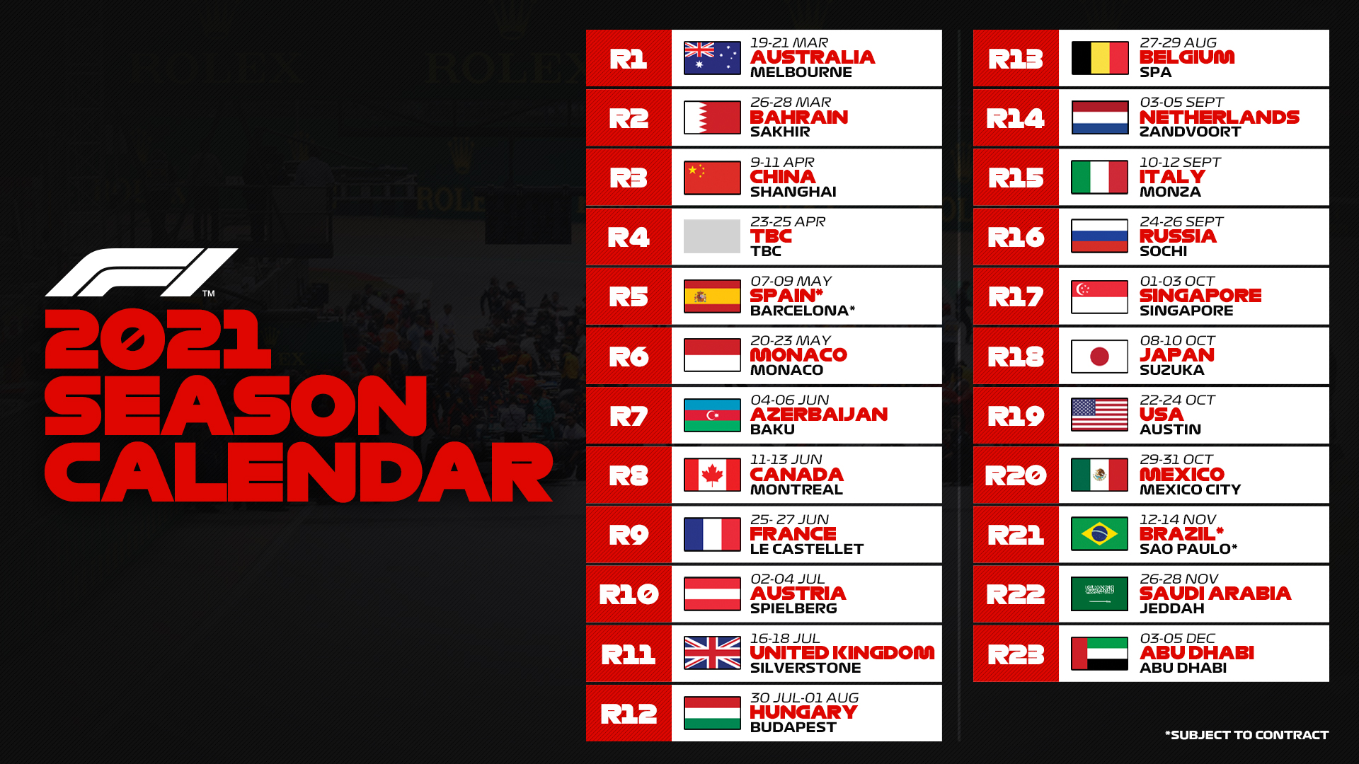 Veja o Calendário da Temporada 2021 da F1 Área Geral eplay