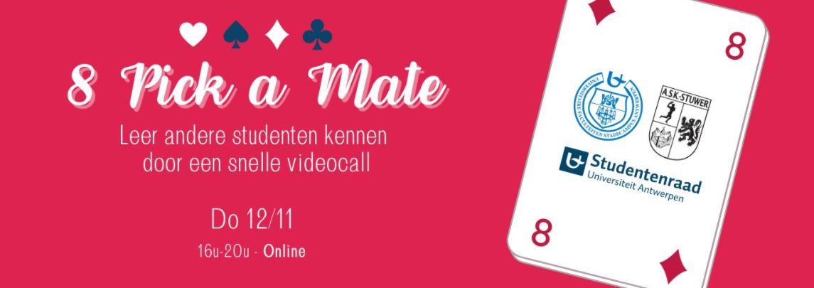 UAntwerpen's tweet photo. Sociaal contact tussen studenten is niet vanzelfsprekend momenteel. Daarom organiseren #unifac, @askstuwer en @StuRaUA op 12 november van 16 tot 20 uur #8PickaMate, een speedmeeting voor studenten #UAntwerpen. Inschrijven via https://t.co/jY8guHGiql . https://t.co/dwBg6K1x7L