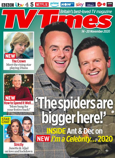 tvtimesmagazine's tweet image. New Mag Day. Hooray! This week in TV Times...
* Ant &amp;amp; Dec on #ImACeleb 🕸️🕷️
* Josh O’Connor &amp;amp; Emma Corrin on playing Charles &amp;amp; Diana in #TheCrown 👑
* #HowToSpenditWell with @Schofe
* And a very special chat with #Strictly dance pros Janette Manrara &amp;amp; Aljaž Škorjanec 🕺💃💖