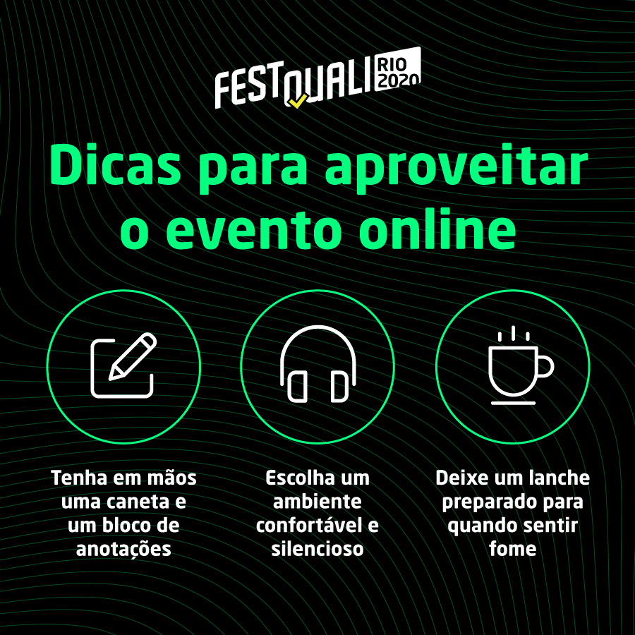 festquali's tweet photo. ➡ Para aproveitar o #FestQualiRio2020 ao máximo, esteja em um ambiente confortável e anote tudo o que achar importante. 

Siga essas #dicas e tenha um bom evento! 😉
 
#FestQuali #FestQuali2020 #FestQualiRio2020 https://t.co/0jXwCWrvtf