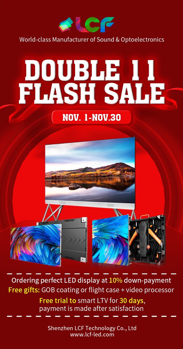#Double11 on November 11 is the biggest online shopping festival in China.
Intelligent sound and opto-electronics manufacturer!
#wholesalescreens #videowalls #manufacturer #leddisplayrental #workshop
#billboard 
lcf-led.com
Contact person: Jane H
Tel: +86-15914175184