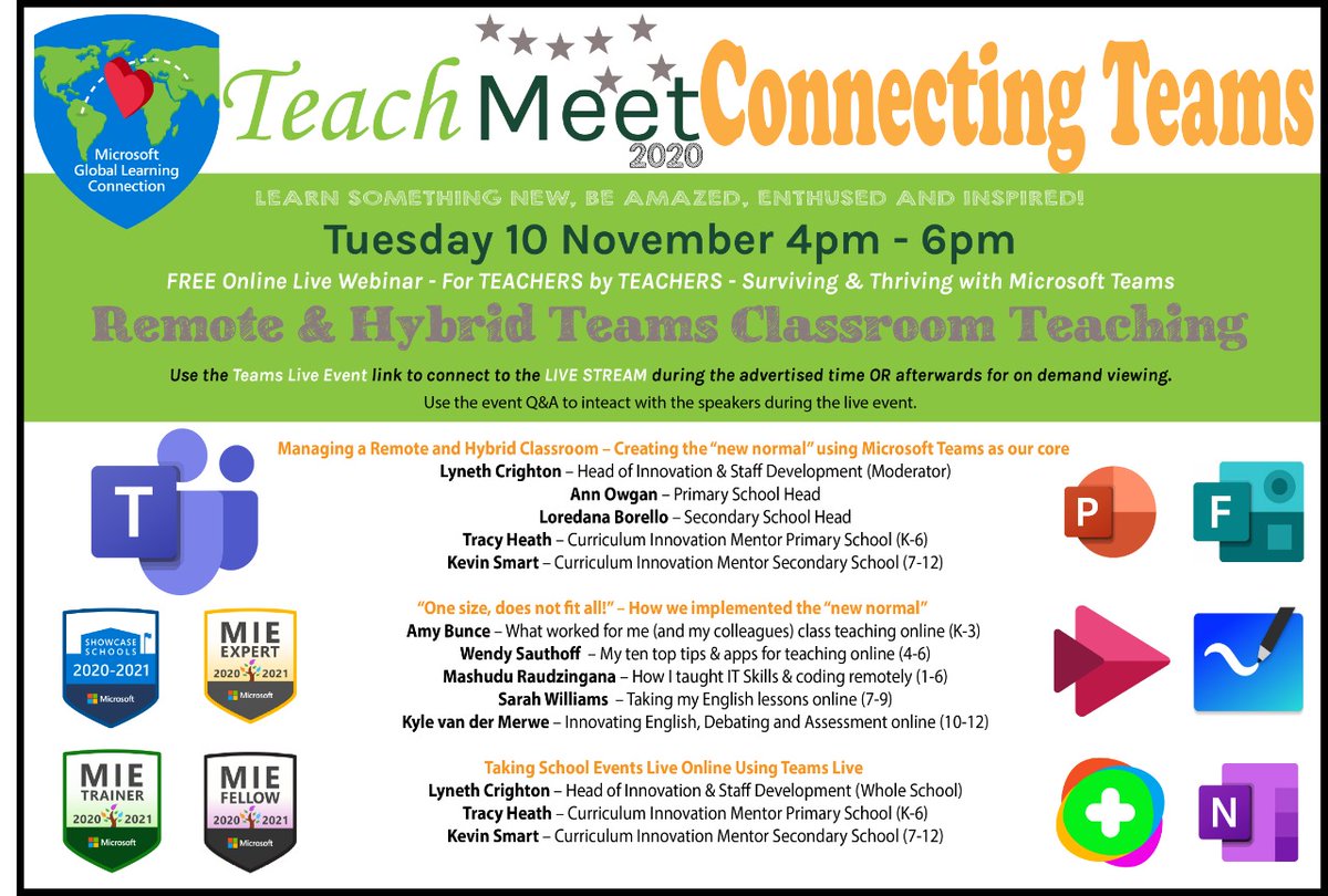 ksmart81's tweet photo. Join @BresciaHouse tonight, 10 November from 16:00-18:00 (Central Africa Time) for the TeachMeet - Connecting Teams Webinar
Click on the link to join the Webinar:
https://t.co/gj9PzsfELf
#MSFTGlobalConnect #MIEExpert #MSShowcaseSchool https://t.co/SJnwa8PtTX