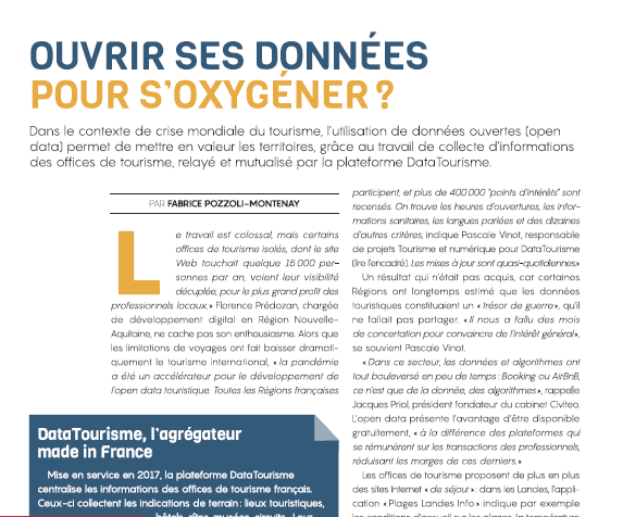 FPM_Paris's tweet photo. Gros dossier sur les évolutions de la communication touristique dans @magazinebrief de ce mois ; j'y présente le travail colossal d' #opendata de @DATAtourisme, qui agrège les données locales des offices de #tourisme : séjours, restauration, lieux historiques, parcours, plages... https://t.co/v69CC5ftfB