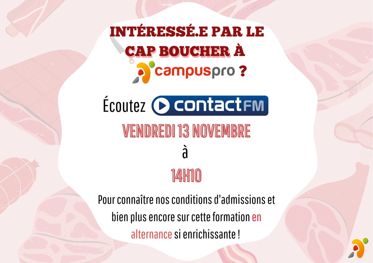 🔪 Ce vendredi, la radio locale CONTACT FM recevra Pierre-Jean BOUDOUL, Chargé de Relations Entreprises à Campus Pro, pour qu'il puisse vous apporter des renseignements sur la formation !Tendez l'oreille vendredi, nous avons encore beaucoup de postes à pourvoir en entreprises!😊