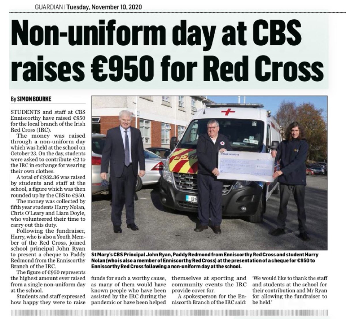 CBS_Enniscorthy's tweet photo. A nice article in this weeks @EnniscGuardian on the great achievement of our students raising €950 for the local branch of the @irishredcross. Well done to all involved. https://t.co/t4QepCKgsd