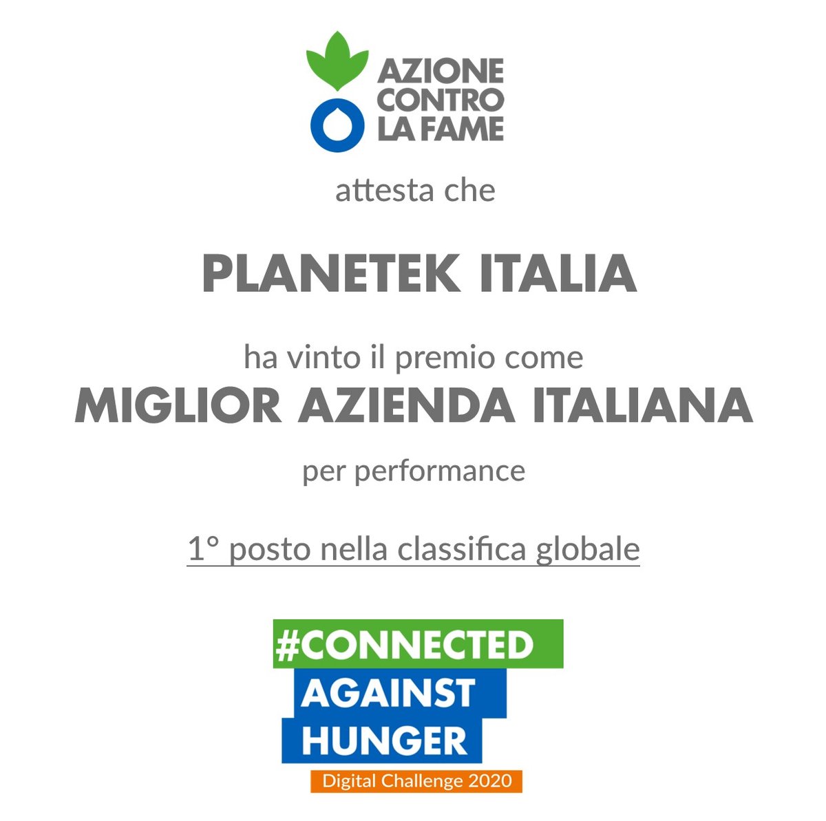 planetek's tweet photo. Il team #Planetek vince la #ChallengecontrolaFame!🏆
Una sfida sportiva di solidarietà tra 60 team aziendali di tutto il mondo, tutti #ConnectedAgainstHunger per rispondere all’emergenza alimentare aggravata dal Covid19 a sostegno delle comunità più fragili del mondo https://t.co/SS8yVnKqbg