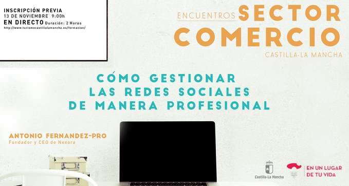 ¡Nueva cita en los encuentros del sector comercio!
13 de noviembre, a las 9:00 h.
🎙 Con <a href="/aFernandezPro/">Antonio Fdez-Pro</a> , CEO de <a href="/NexoraSolutions/">Nexora Digital</a>

 Cómo gestionar las redes sociales de manera profesional

bit.ly/3kabiz0