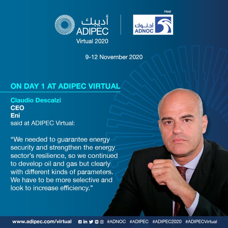 ADIPECOfficial's tweet photo. On day 1 of the ADIPEC Virtual 2020 Strategic Conference, Claudio Descalzi, CEO of Eni, shared insights.
You can still register to attend ADIPEC 2020 Virtual on https://t.co/9Ze1mb4nwR
#ADIPEC2020 #ADIPECVirtual #ADIPECVirtualStrategicConference #YourEventYourWay https://t.co/cPJeTAa6SQ