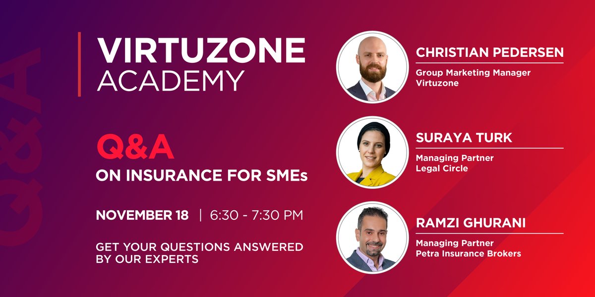 Virtuzone_UAE's tweet photo. Do you have questions about business insurance? The next Virtuzone Academy Q&amp;A will delve into the basics of business insurance and share information on how you can shield your business from possible risks. 

Sign up now: https://t.co/cw1jbcbGsk

#BeYourOwnBoss
@insurewithpetra https://t.co/bfBPRqXuMY