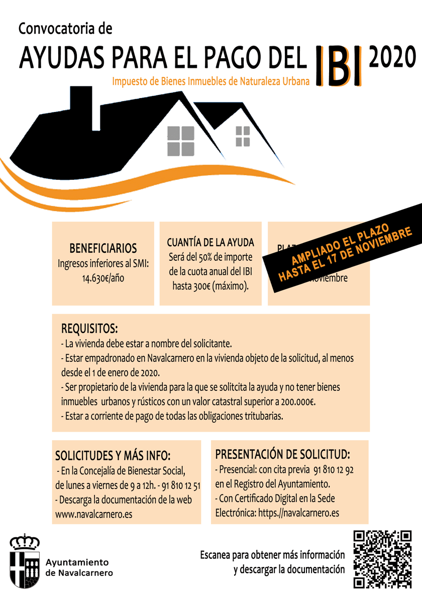 Ampliado el plazo para solicitar las ayudas para el pago del IBI 2020. Os dejamos toda la información y los requisitos. Para ver toda más información y descargar las solicitudes, puedes hacerlo en el siguiente enlace: navalcarnero.es/navalcarnero/b…