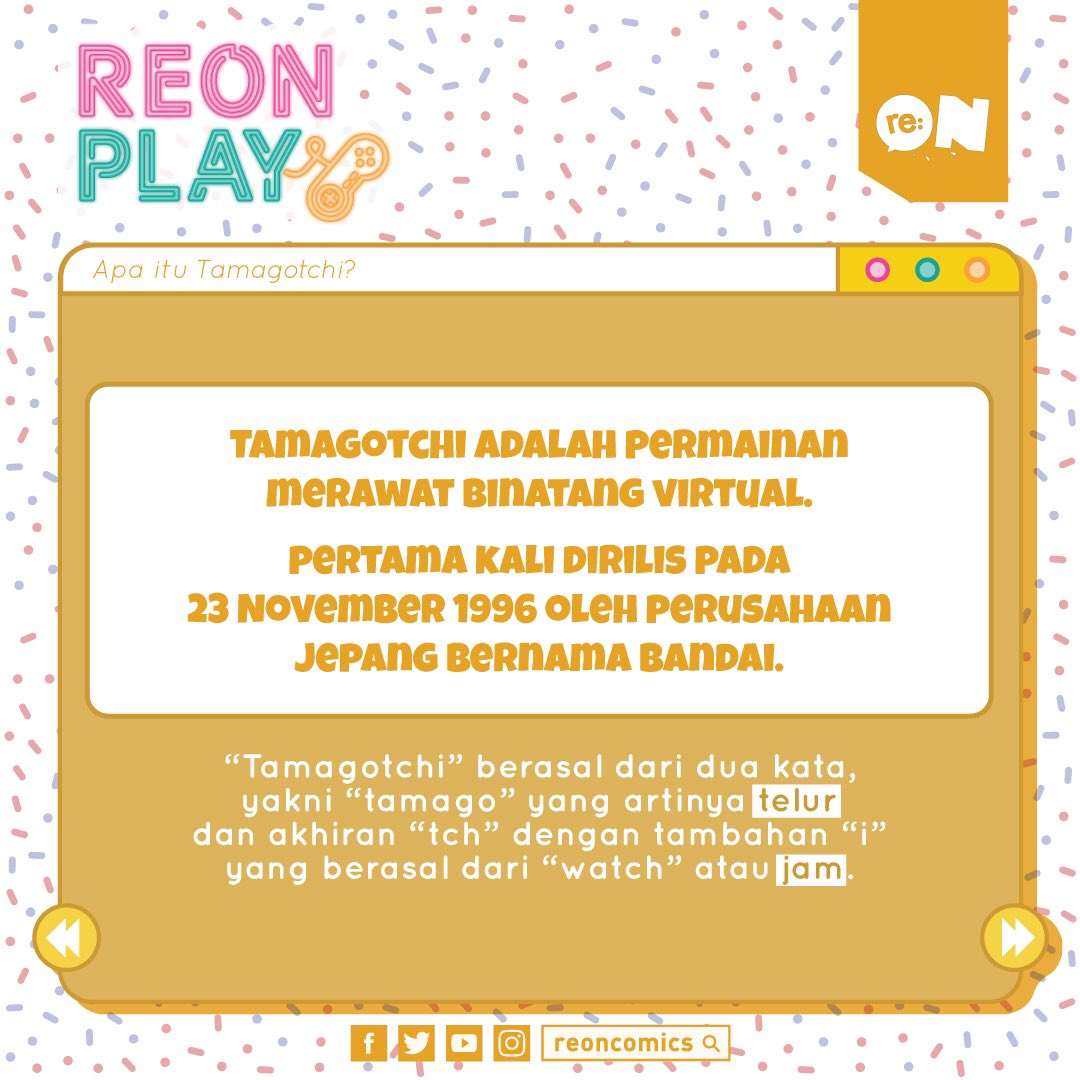 reoncomics's tweet photo. Reonites! Kali ini kita akan bahas permainan Tamagotchi yang hits banget di tahun 90-an, nih! Siapa nih yang pernah main permainan ini? Ceritain, dong!
Sampai ketemu di #REONPLAY edisi 90-an berikutnya, ya!
#permainan90an #tamagotchi https://t.co/7byK8OBTzC