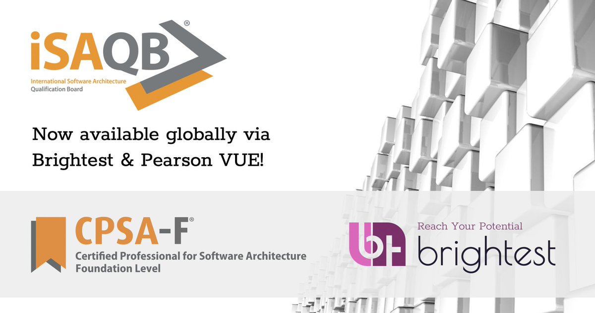 <a href="/BrightestOrg/">Brightest</a> is proud to offer <a href="/isaqb/">iSAQB</a> - Certified Professional for Software Architecture Foundation Level (CPSA-F) exams on a global scale via <a href="/PearsonVUE/">Pearson VUE</a>: home.pearsonvue.com/brightest. 
More info via the #brightest website: brightest.org/en/certificati… or via info@brightest.org