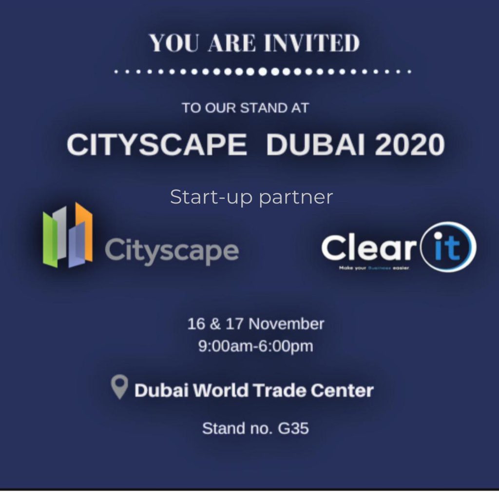 ClearitUae's tweet image. @CityscapeMENA @ClearitUae #business #DWTC #startuppartner #Dubai #cityscape2020