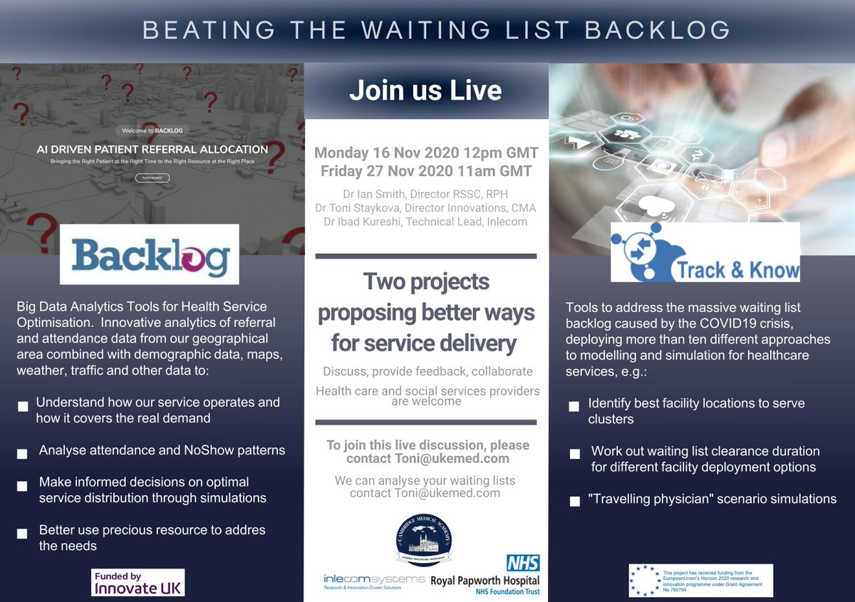 Are you a health care &amp; social services provider? Join us live on Nov 16th at 1.00 pm CET for the 1st of 2 webinars on how to beat the waiting list backlog. Big Data projects Backlog and T&amp;K will join forces in proposing better ways for service delivery. bit.ly/3kihEfq