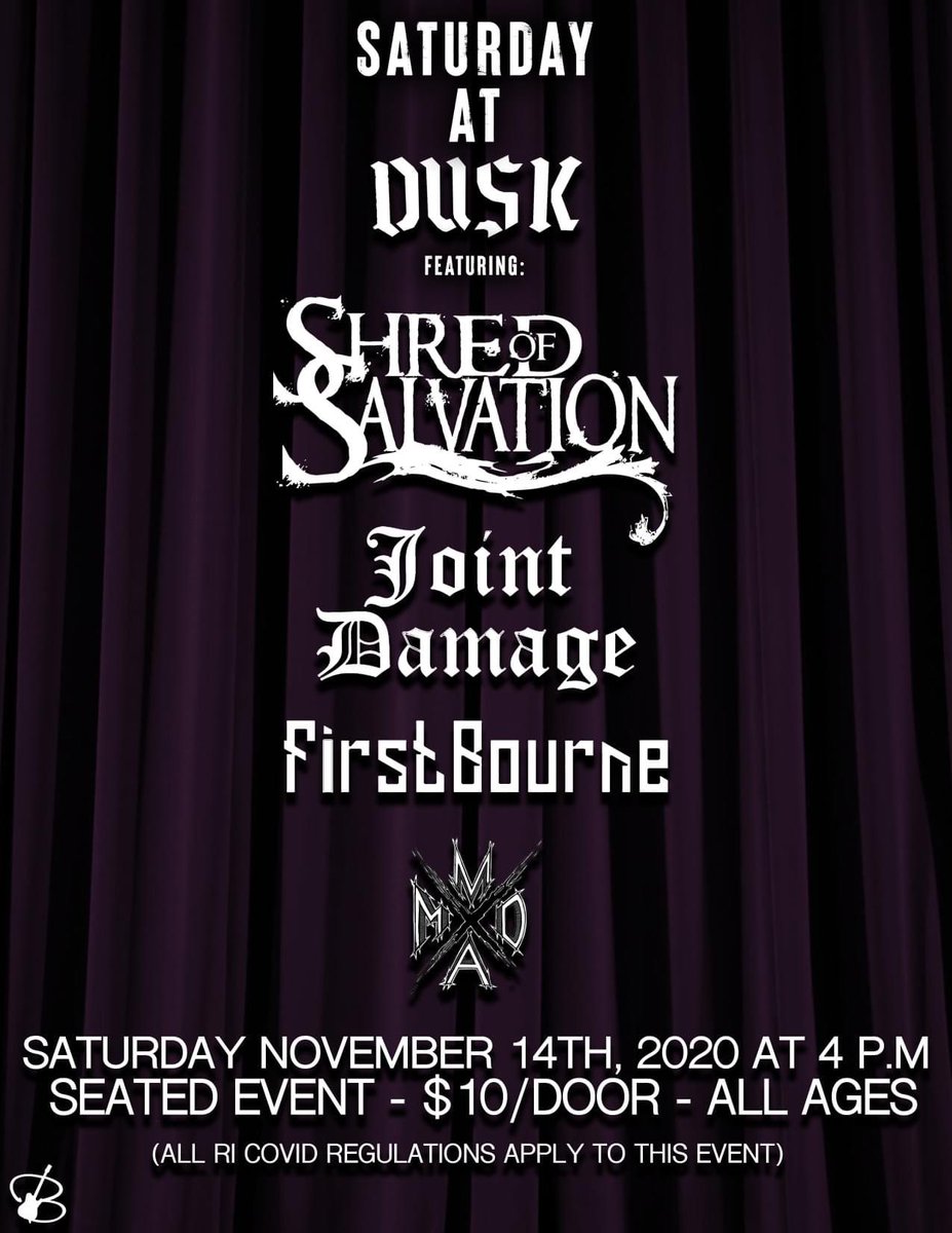 This Saturday Nov 14th we are live at Dusk 👊🏻👊🏻

@shredofsalvation (Return Show!)
Joint Damage
<a href="/firstbourneband/">FirstBourneBand</a> 
@mdmatheband Alive
1 more TBA

This is a outside seating event and yes you will be able to keep warm! We have you covered! 
Doors @ 4pm
$10 Cover
All Ages
