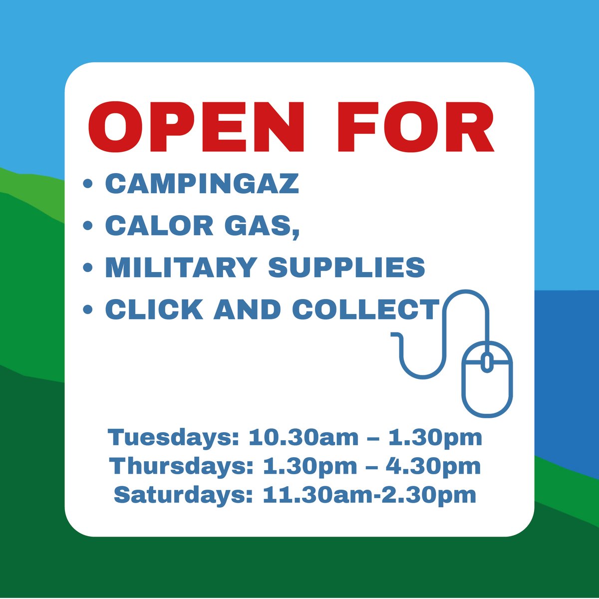 devonoutdoor's tweet image. Open today for Campingaz and Calor Gas, military supplies and click and collect on orders from our website – outabout.uk.
Opening times:
Tuesdays: 10.30am – 1.30pm
Thursdays: 1.30pm – 4.30pm
Saturdays: 11.30am-2.30pm
#lockdown #campingaz #calorgas #openforessentials