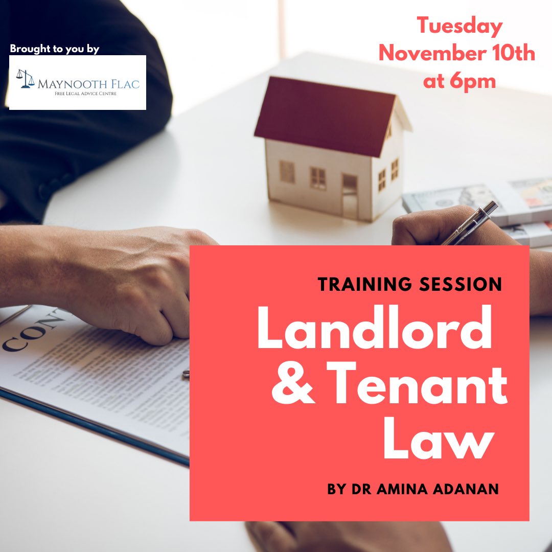 muflac1's tweet photo. We are holding a training session tonight at 6pm via Zoom. The topic is Landlord and Tenant Law 🏡 presented by @AminaAda! We hope to see all of you there.

Zoom details;
Meeting ID: 790 676 1414
Password: FLACMU

@MaynoothLaw https://t.co/zRncLugBQz