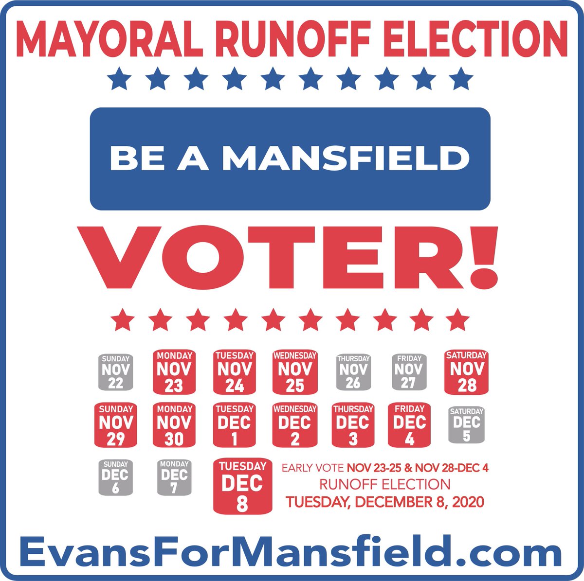 evans4mansfield's tweet photo. Mansfield I ask you for your vote for Mayor.  We are in overtime and I need your help!  The runoff election for Mansfield is December 8, 2020.  Like &amp; share this with family, friends, co-workers and neighbors! #evansformansfield #mansfieldstrong #ProvenLeadership https://t.co/tzHwOf13sH