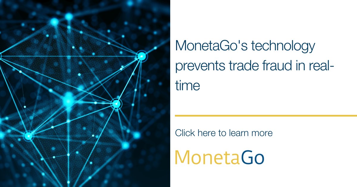 Monetago's tweet photo. Our proprietary technology prevents #TradeFraud in real-time. 

Click here to learn how our #SecureFinancing platform works and can help your business spot and stop incidents of trade fraud: https://t.co/91jXLQFIg5 

#Blockchain #FinTech #Digitization https://t.co/9kwvHn3BoS