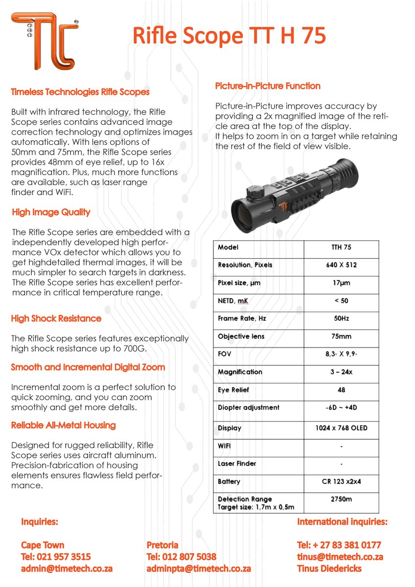 timetechsa's tweet image. **Timeless Technologies**
Introducing the 75mm Thermal Rifle Scope for all your Rifle needs
#timetech#75mm#Rhinoseries#riflescope