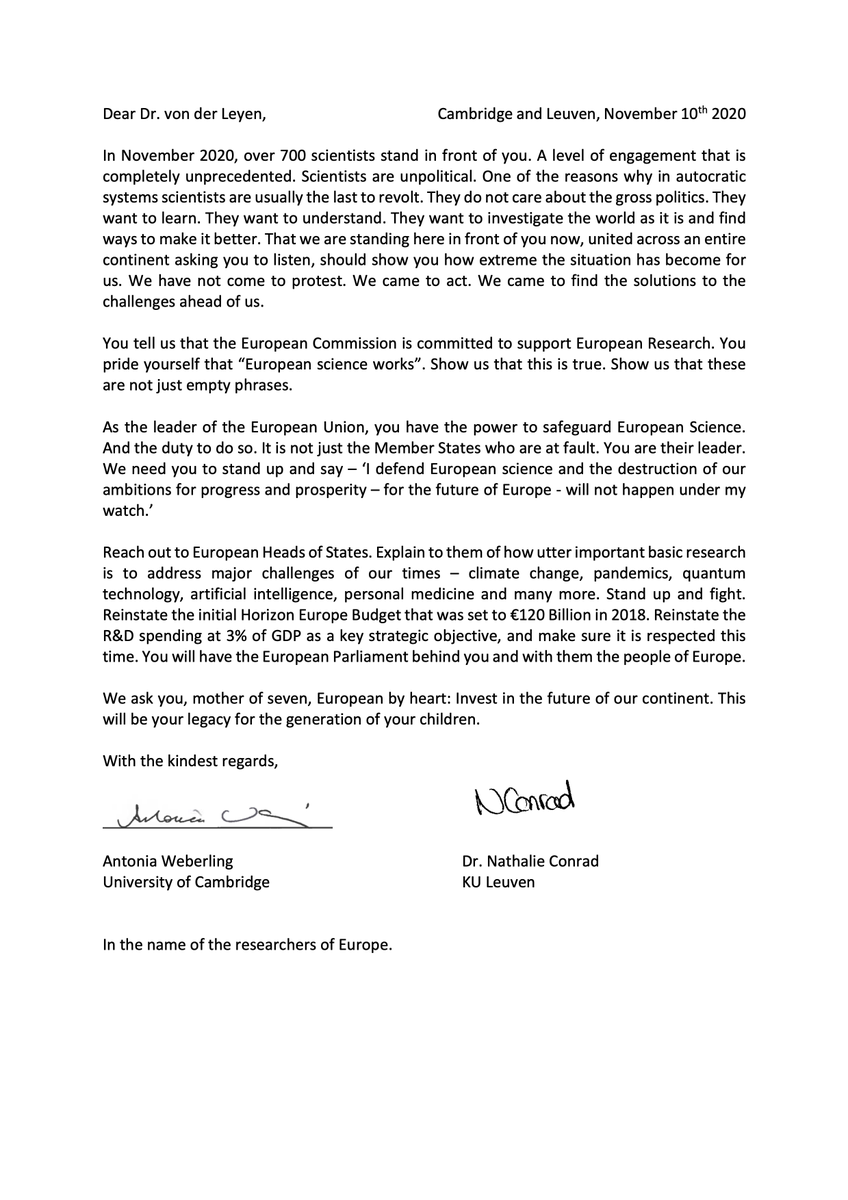 Antonia Weberling (@a_weberling) on Twitter photo Dear <a href="/vonderleyen/">Ursula von der Leyen</a>
Stand up and fight for European Science.
Keep your promise and strive for more!
Over 700 scientists united across an entire continent ask for your help!
Listen to act boldly!
As president of the EU Commission have the power to do that!
#RescueHorizonEurope Dear <a href="/vonderleyen/">Ursula von der Leyen</a>
Stand up and fight for European Science.
Keep your promise and strive for more!
Over 700 scientists united across an entire continent ask for your help!
Listen to act boldly!
As president of the EU Commission have the power to do that!
#RescueHorizonEurope
