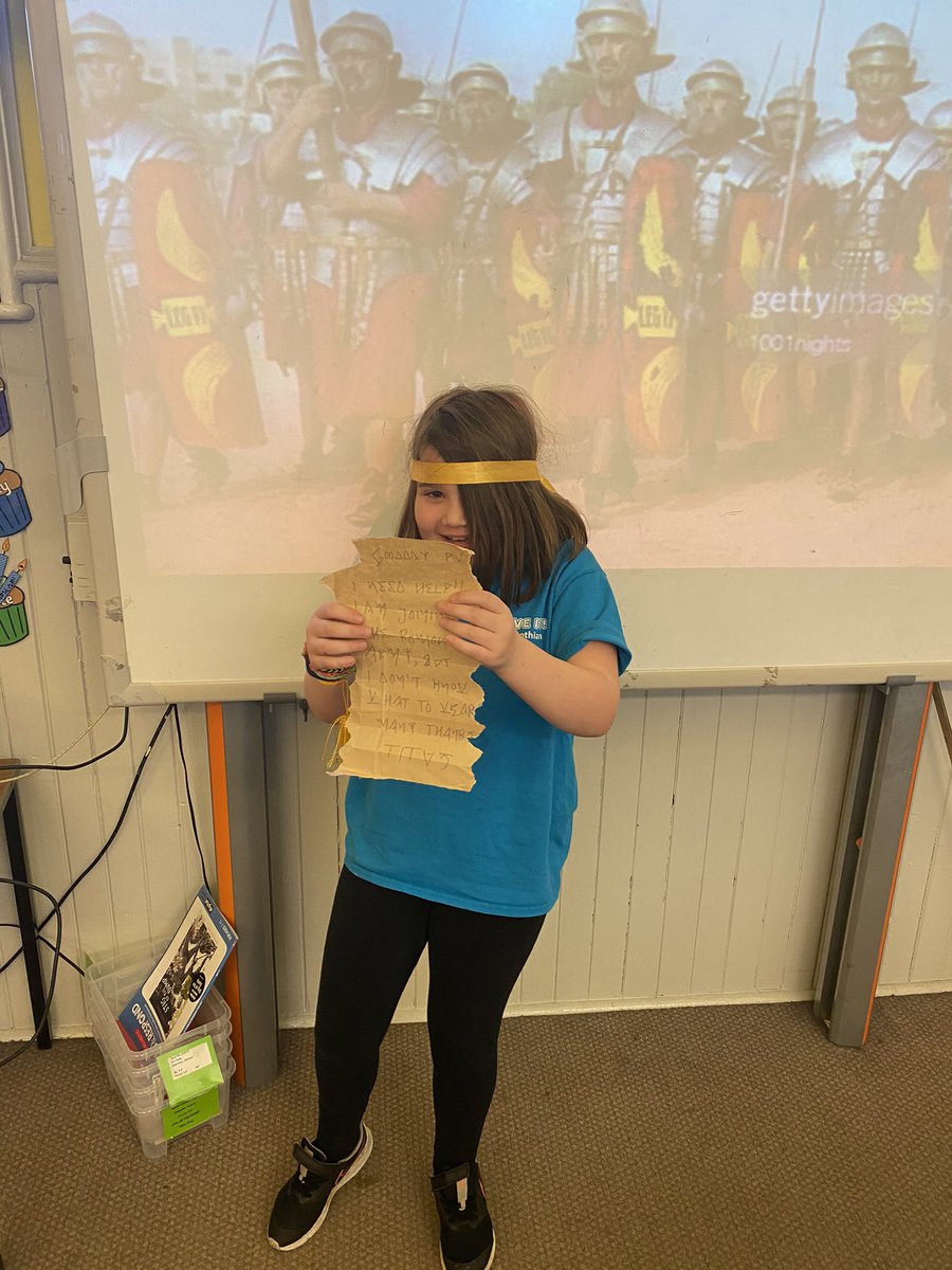 EastLintonPS's tweet photo. P5 were so excited this morning! During the night a Roman soldier came into the classroom. He threw the tables around, left muddy footprints and left us a note in one of our trays. He asked us to think of all the things he would need to wear to go to war. #RomanEmpire #Romans https://t.co/WghI9amQR7