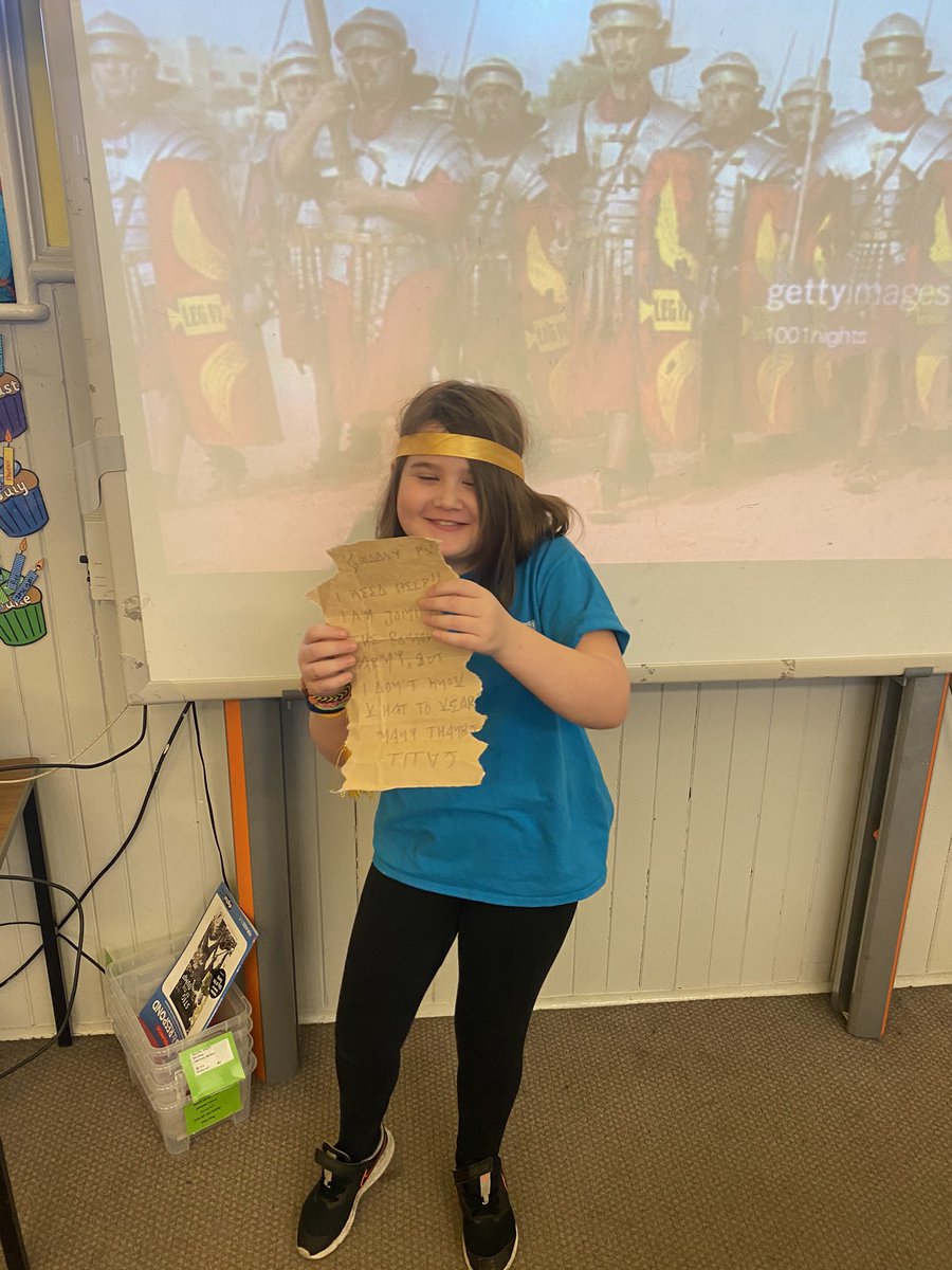 EastLintonPS's tweet photo. P5 were so excited this morning! During the night a Roman soldier came into the classroom. He threw the tables around, left muddy footprints and left us a note in one of our trays. He asked us to think of all the things he would need to wear to go to war. #RomanEmpire #Romans https://t.co/WghI9amQR7