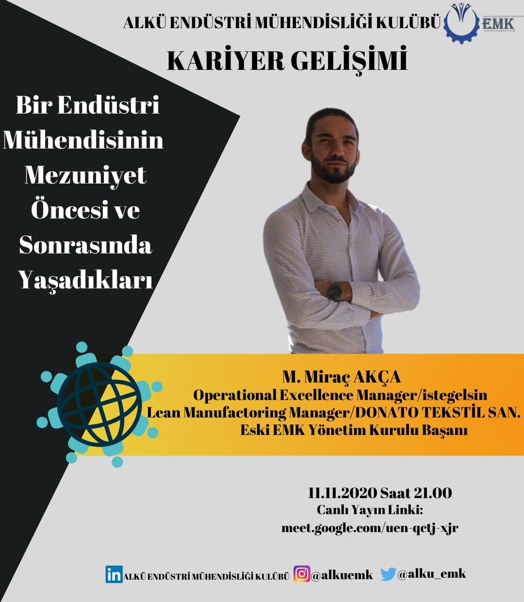 alku_emk's tweet photo. Okulumuzda bölüm temsilciliği, ALKÜ EMK genel sekreterliği ve yönetim kurulu başkanlığı görevini başarılıyla sürdürmüş olan M. Miraç Akça yarın konuğumuz oluyor. Şuanda da "istegelsin" firmasında endüstri mühendisi olarak görev yapmaktadır. Etkinliğimize mutlaka bekliyoruz! ☺️ https://t.co/8MCEBSQRpl