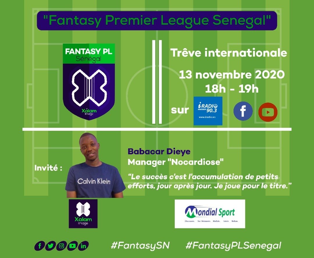 FantasySenegal's tweet photo. Ce vendredi 13 novembre, Babacar Dièye, un de nos deux MOZW ex aequo du GW8, sera avec nous sur @iradio_sn pour commenter son équipe et nous donner des astuces.
Il recevra aussi son maillot de vainqueur offert par @Mondialsport2.
#FantasyFootball #FantasyPLSenegal #FantasySN https://t.co/R8qw6ivRed